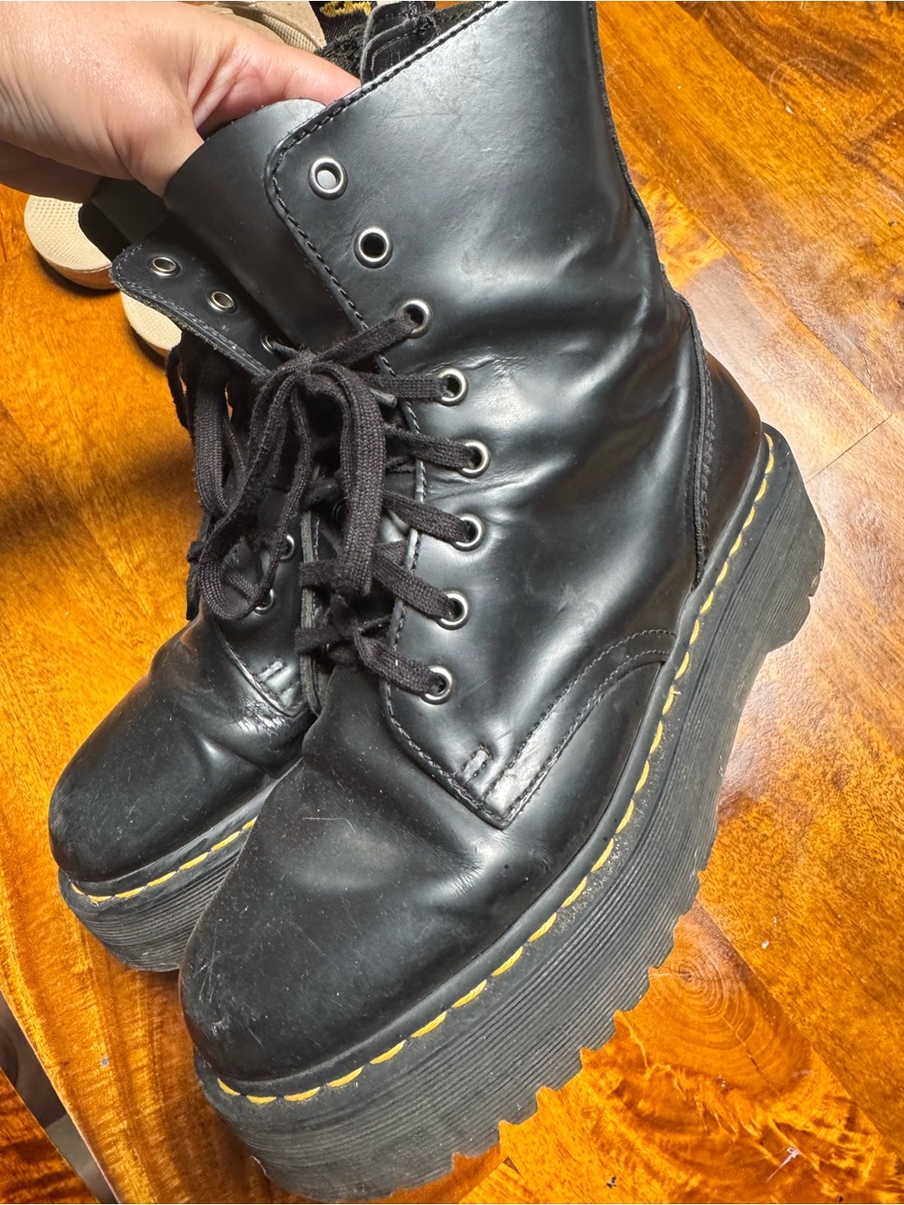 Dr. Martens Black Platform Lace-Up Boots with Yellow Stitching